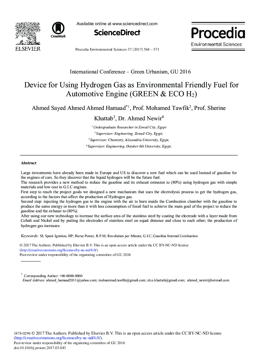 Device for Using Hydrogen Gas as Environmental Friendly Fuel for Automotive Engine (GREEN & ECO H2)