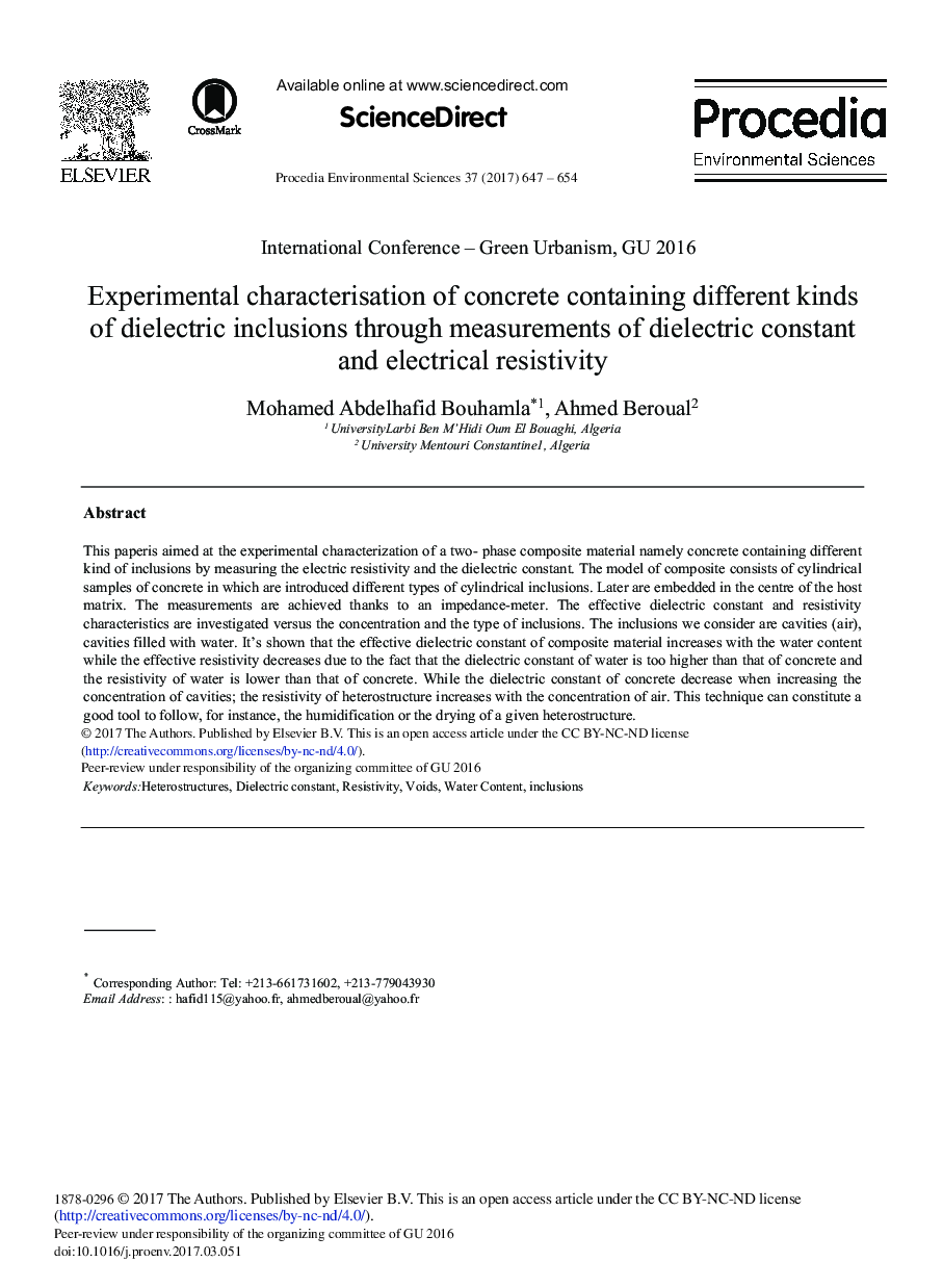 Experimental Characterisation of Concrete Containing Different Kinds of Dielectric Inclusions Through Measurements of Dielectric Constant and Electrical Resistivity