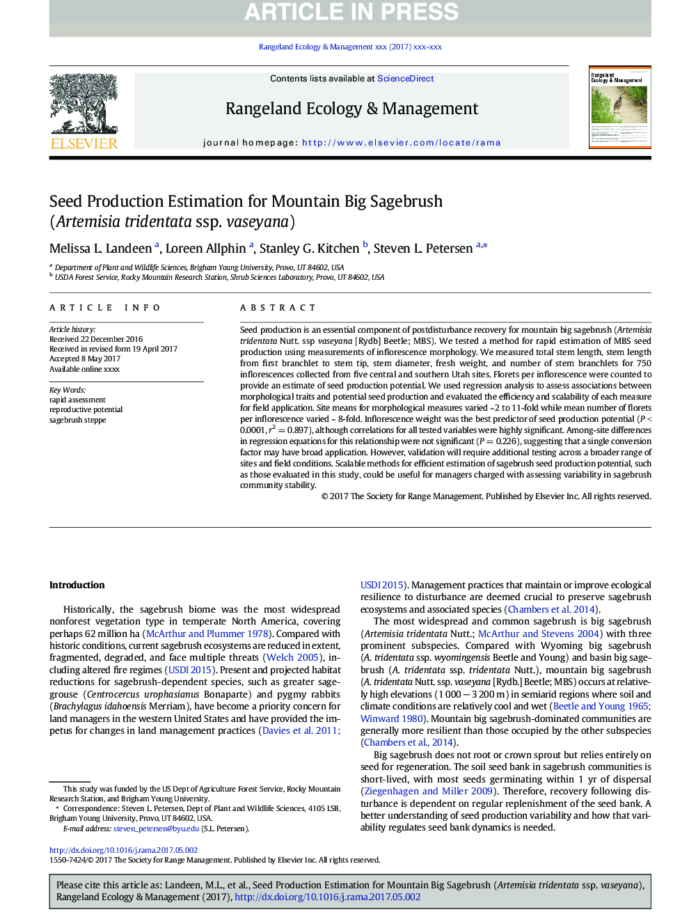 Seed Production Estimation for Mountain Big Sagebrush (Artemisia tridentata ssp. vaseyana)