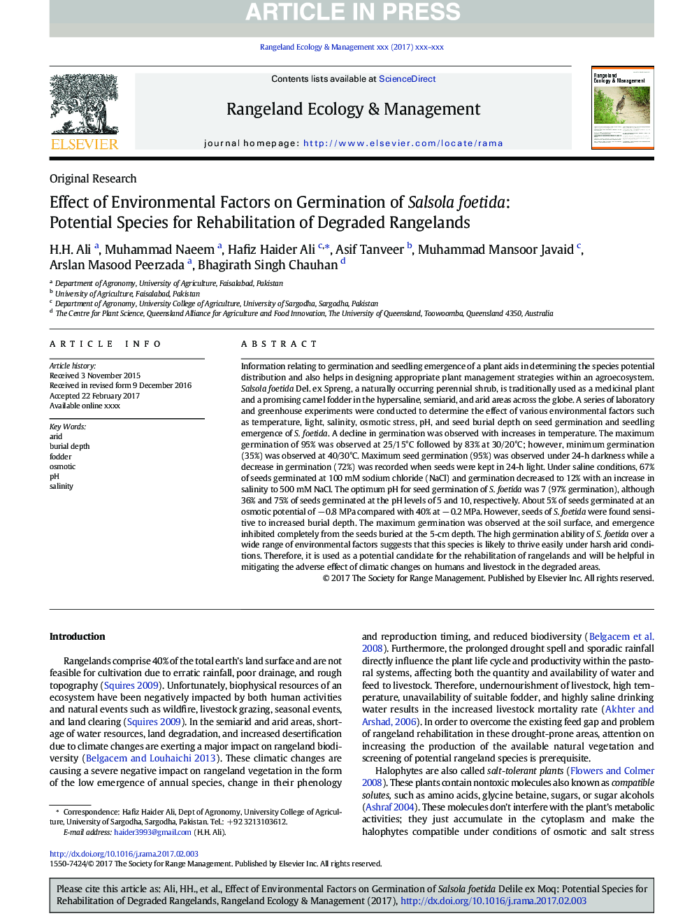 Effect of Environmental Factors on Germination of Salsola foetida: Potential Species for Rehabilitation of Degraded Rangelands