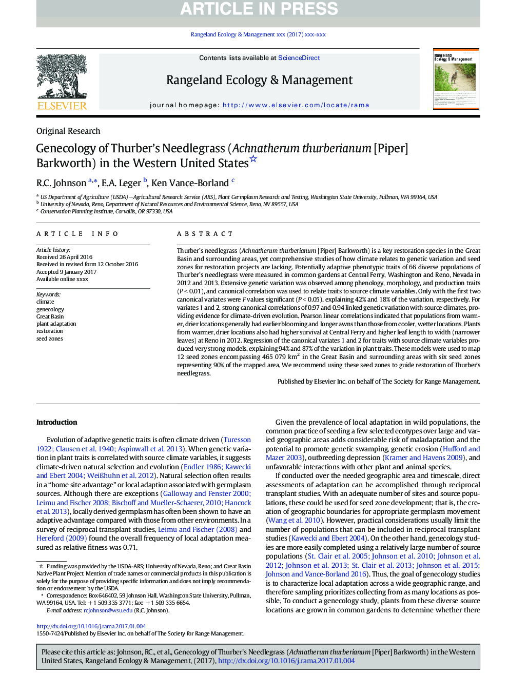 Genecology of Thurber's Needlegrass (Achnatherum thurberianum [Piper] Barkworth) in the Western United States