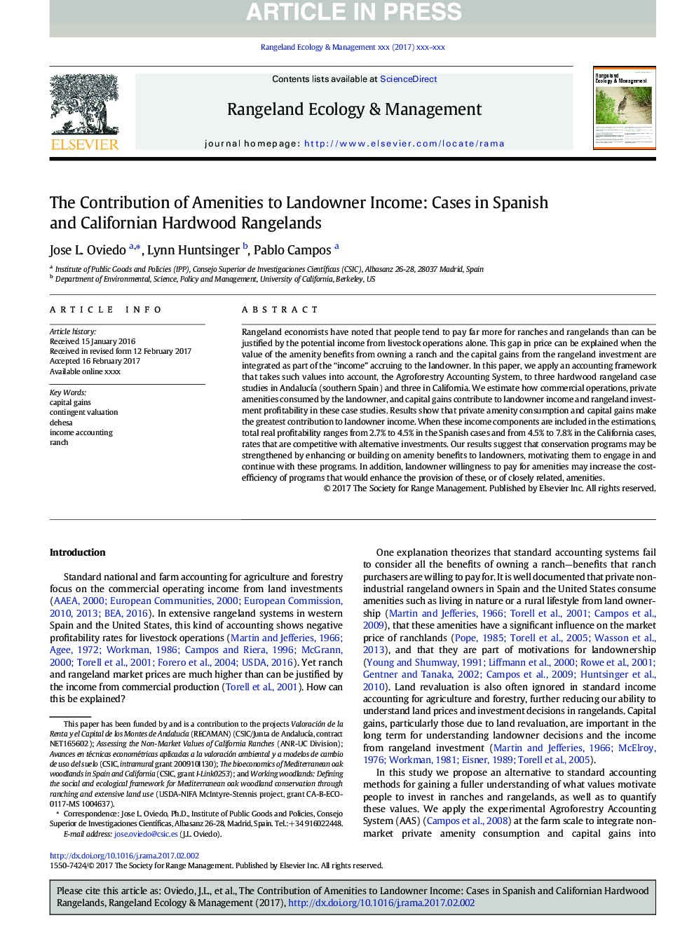 The Contribution of Amenities to Landowner Income: Cases in Spanish and Californian Hardwood Rangelands