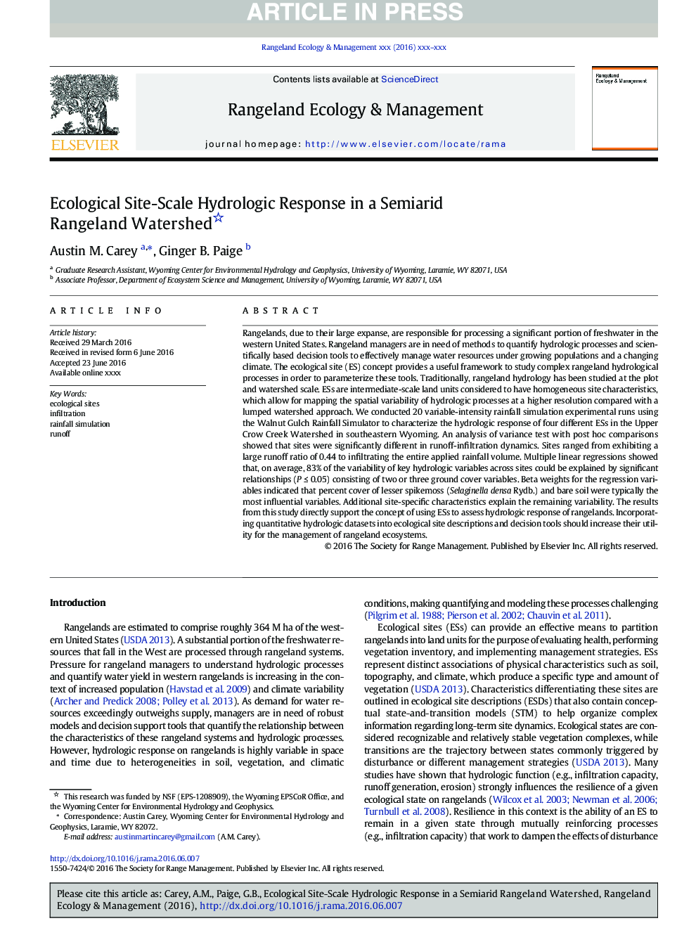 Ecological Site-Scale Hydrologic Response in a Semiarid Rangeland Watershed