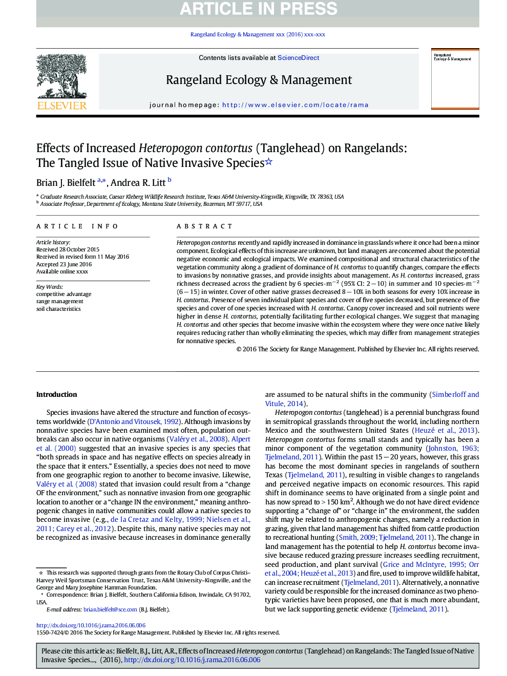 Effects of Increased Heteropogon contortus (Tanglehead) on Rangelands: The Tangled Issue of Native Invasive Species