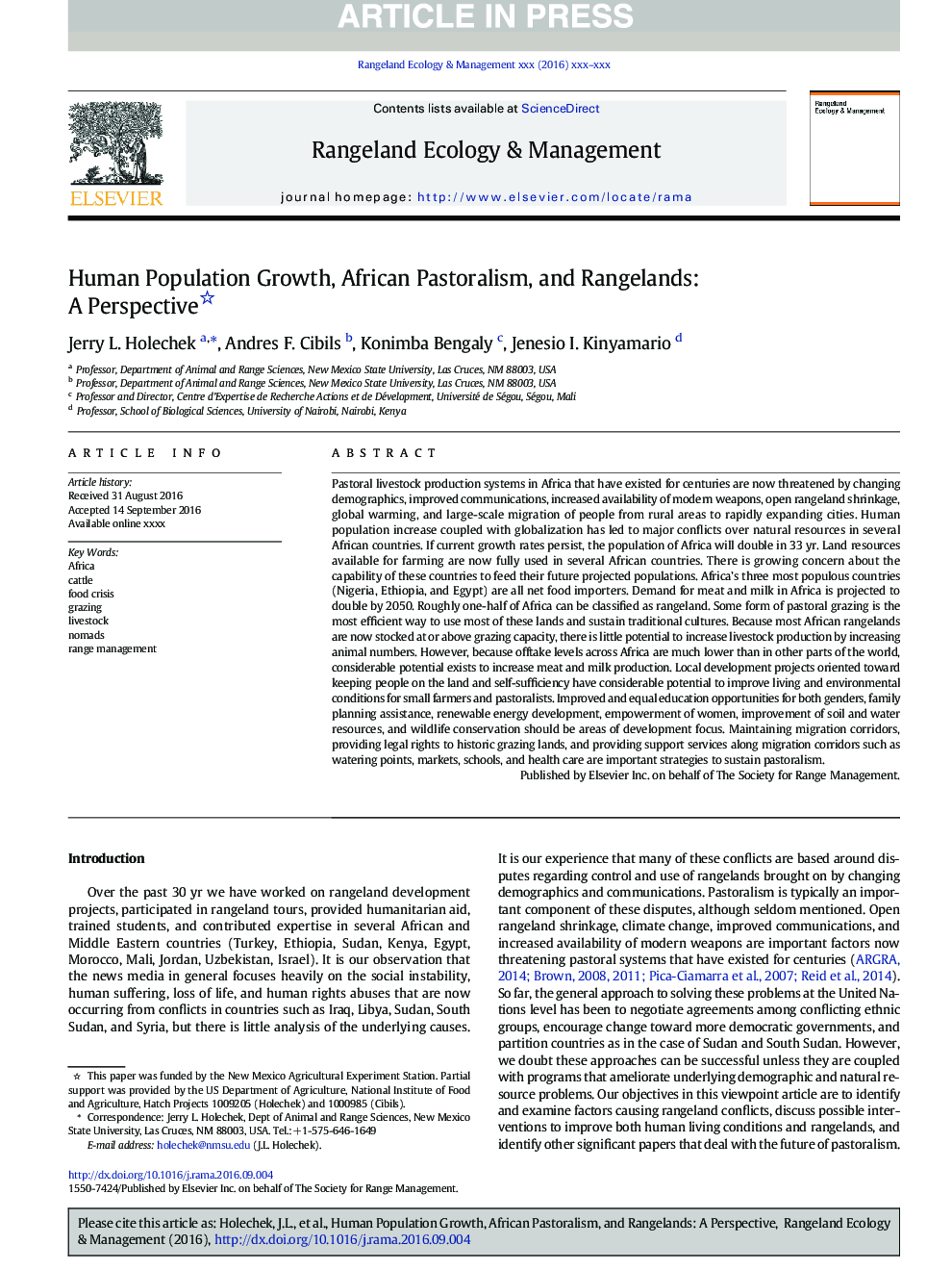 Human Population Growth, African Pastoralism, and Rangelands: A Perspective