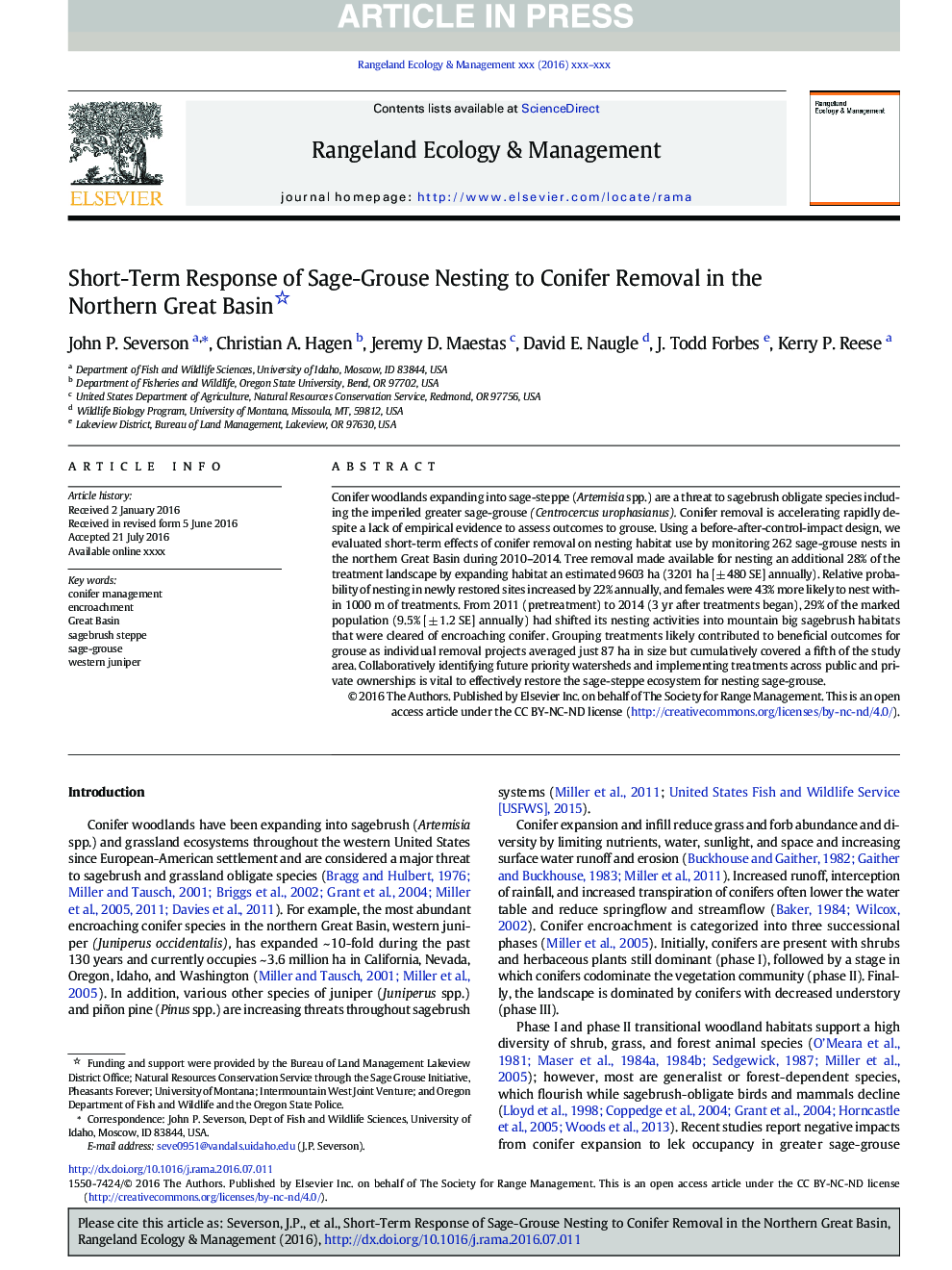 Short-Term Response of Sage-Grouse Nesting to Conifer Removal in the Northern Great Basin