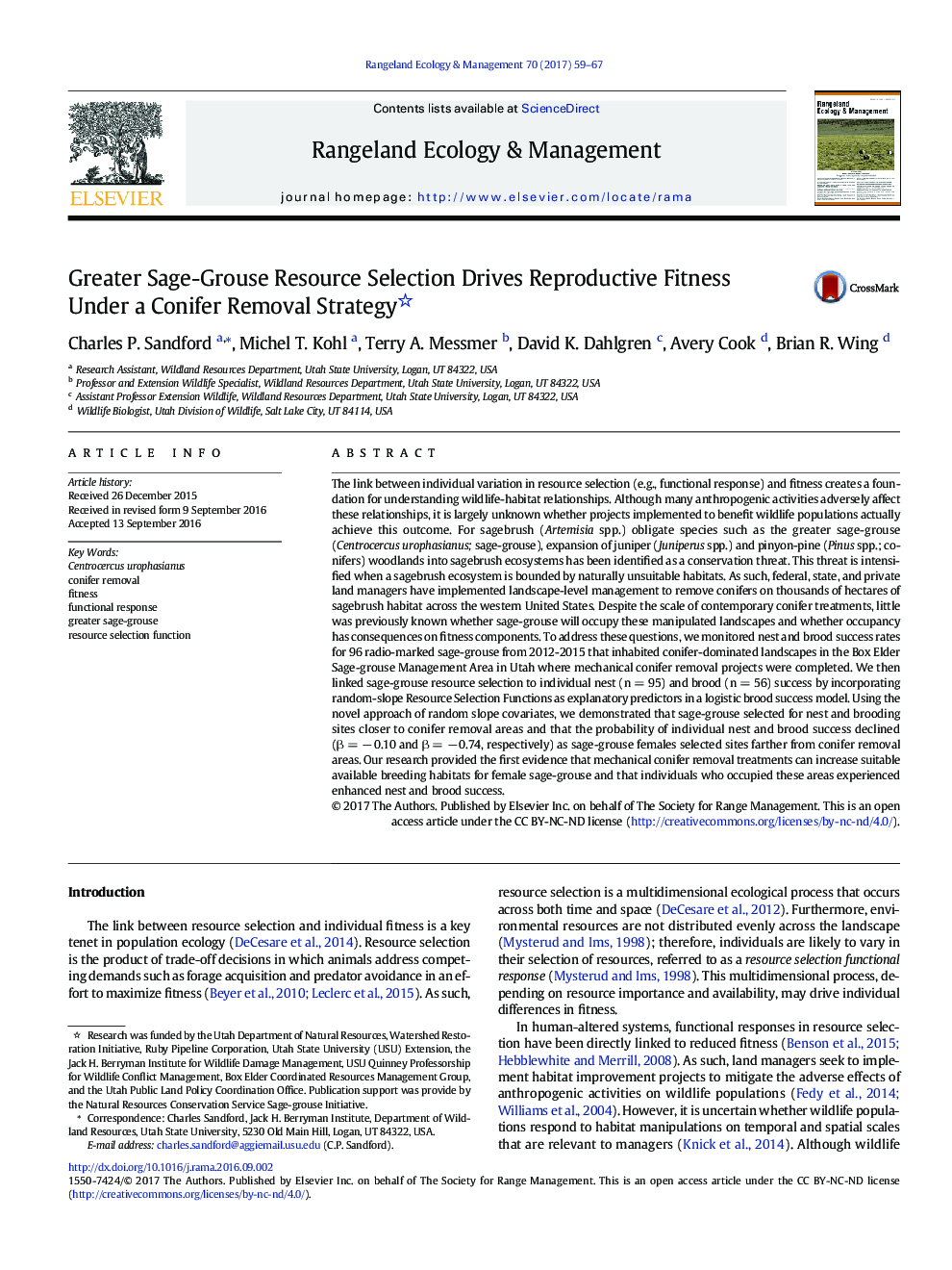 Greater Sage-Grouse Resource Selection Drives Reproductive Fitness Under a Conifer Removal Strategy