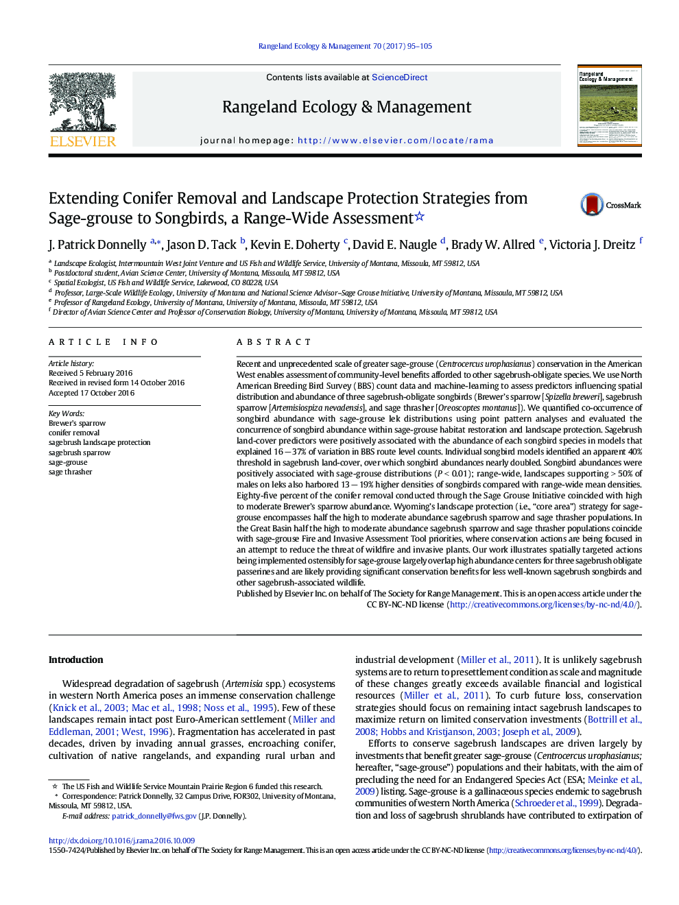 Extending Conifer Removal and Landscape Protection Strategies from Sage-grouse to Songbirds, a Range-Wide Assessment