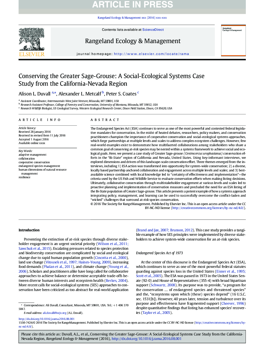 Conserving the Greater Sage-Grouse: A Social-Ecological Systems Case Study from the California-Nevada Region