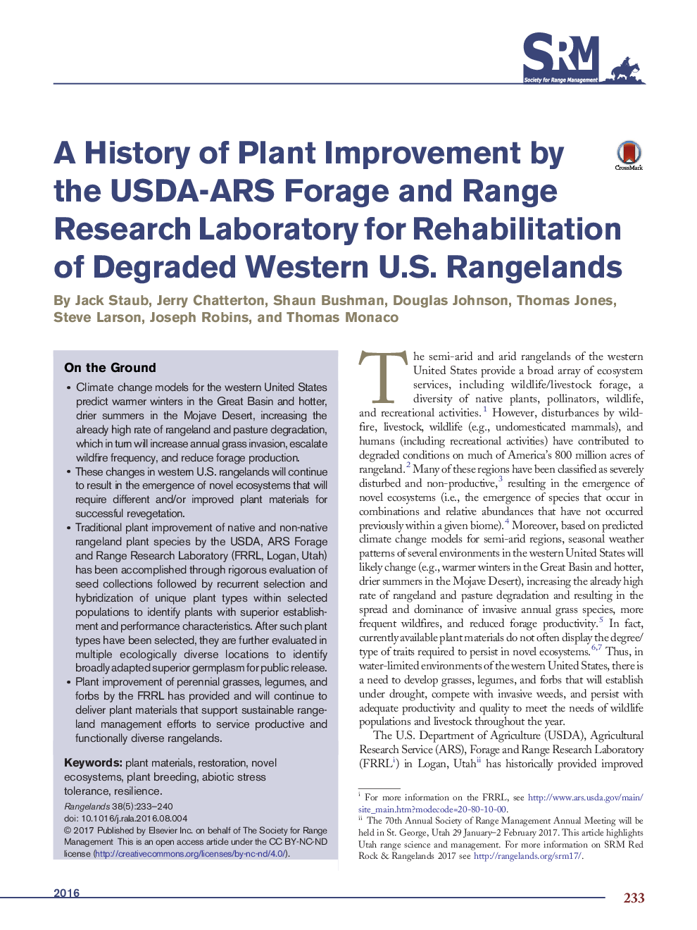 A History of Plant Improvement by the USDA-ARS Forage and Range Research Laboratory for Rehabilitation of Degraded Western U.S. Rangelands