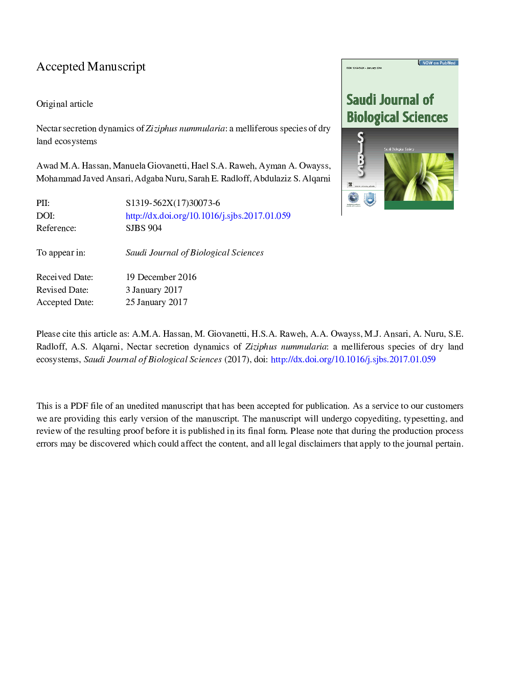 Nectar secretion dynamics of Ziziphus nummularia: A melliferous species of dry land ecosystems