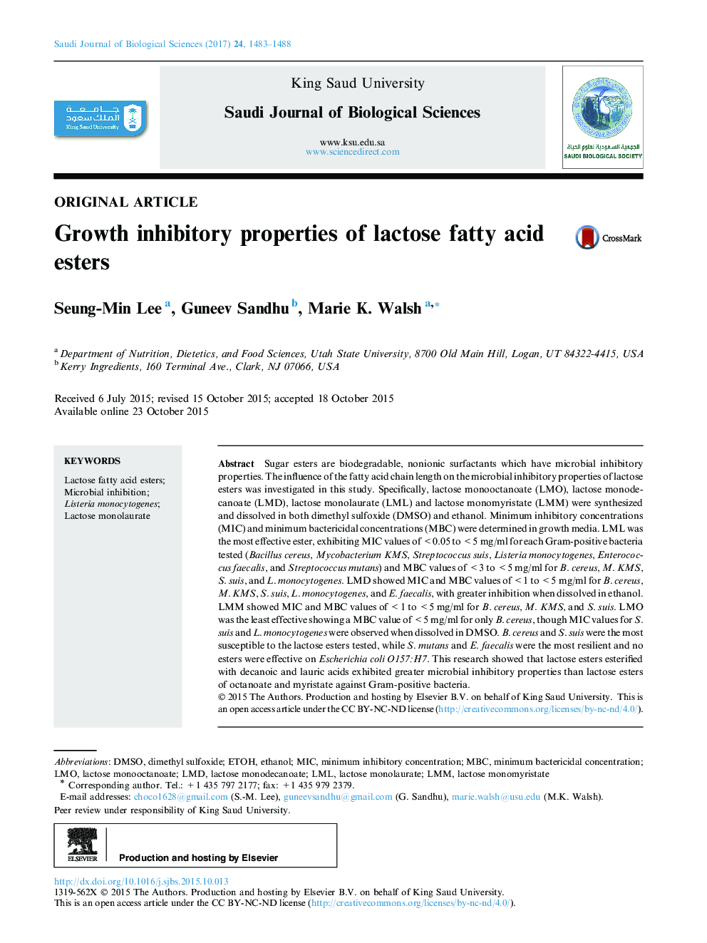 Original articleGrowth inhibitory properties of lactose fatty acid esters