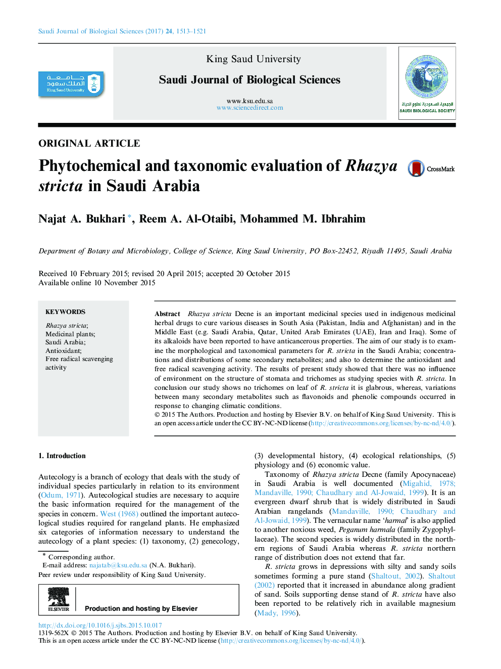Original articlePhytochemical and taxonomic evaluation of Rhazya stricta in Saudi Arabia