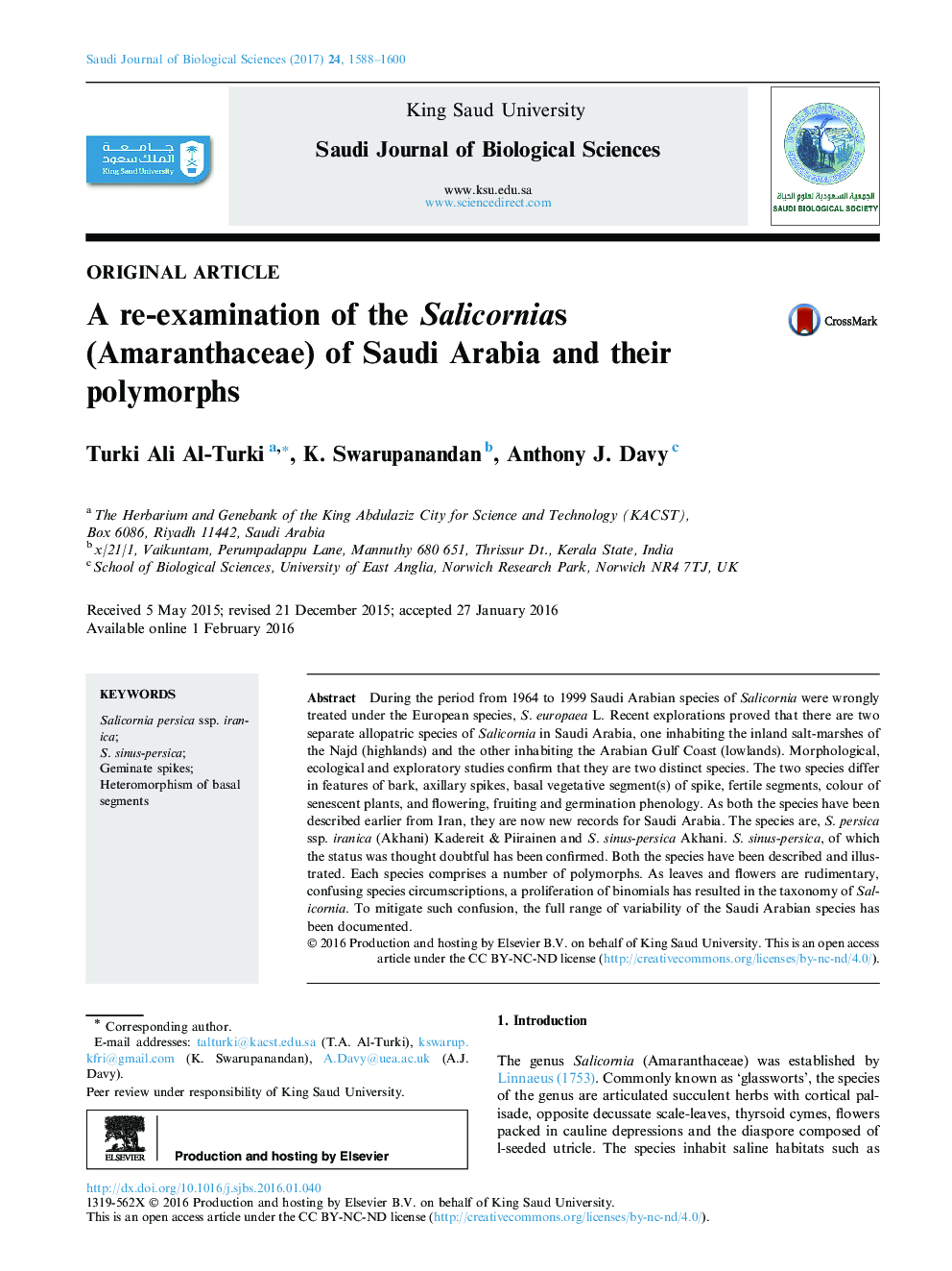 Original articleA re-examination of the Salicornias (Amaranthaceae) of Saudi Arabia and their polymorphs
