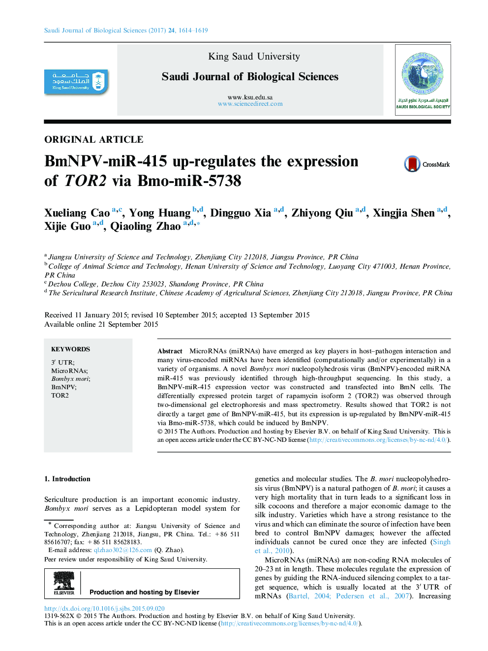 Original articleBmNPV-miR-415 up-regulates the expression of TOR2 via Bmo-miR-5738