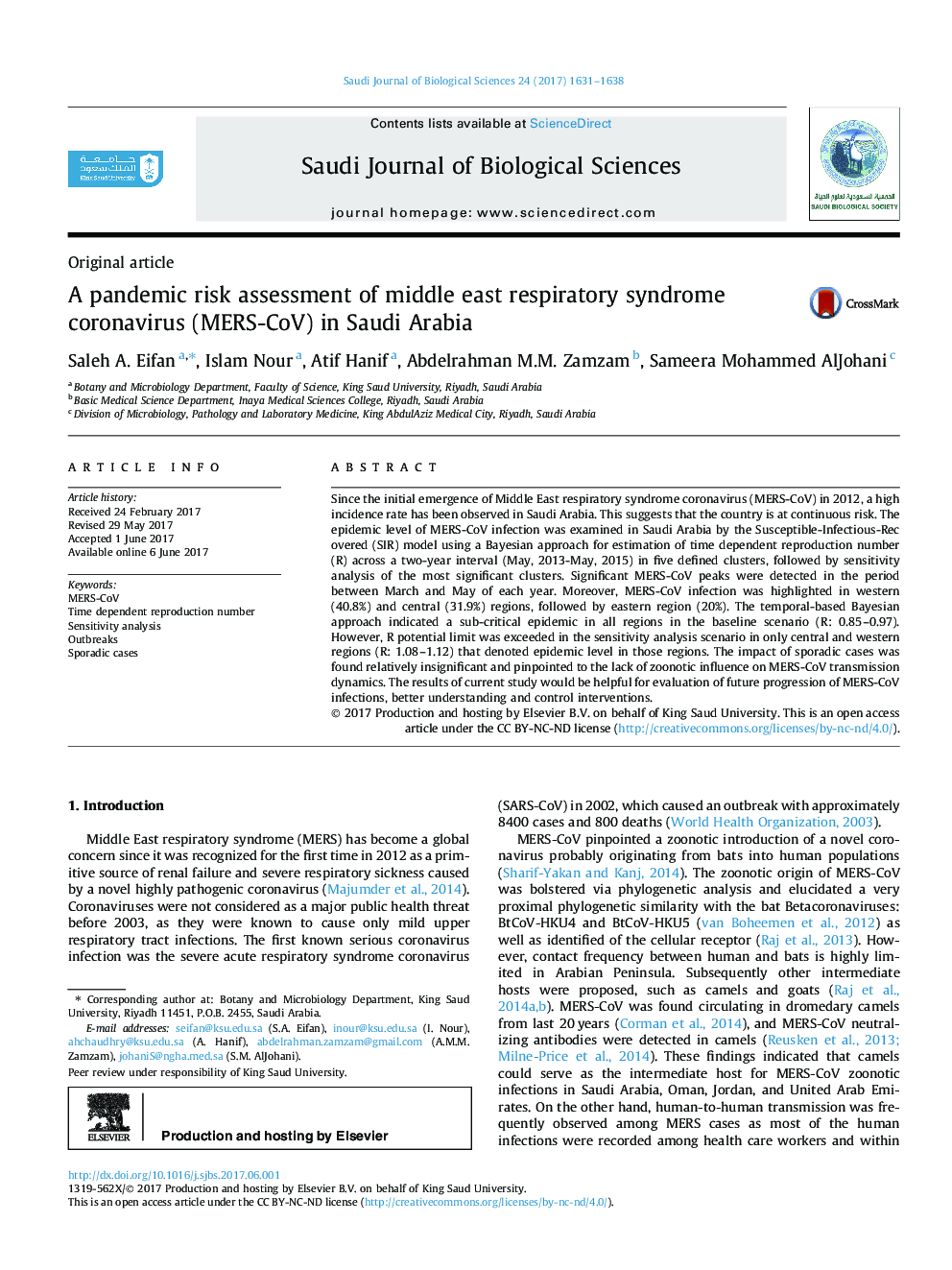 Original articleA pandemic risk assessment of middle east respiratory syndrome coronavirus (MERS-CoV) in Saudi Arabia