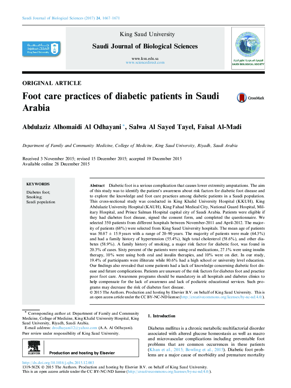 Original articleFoot care practices of diabetic patients in Saudi Arabia