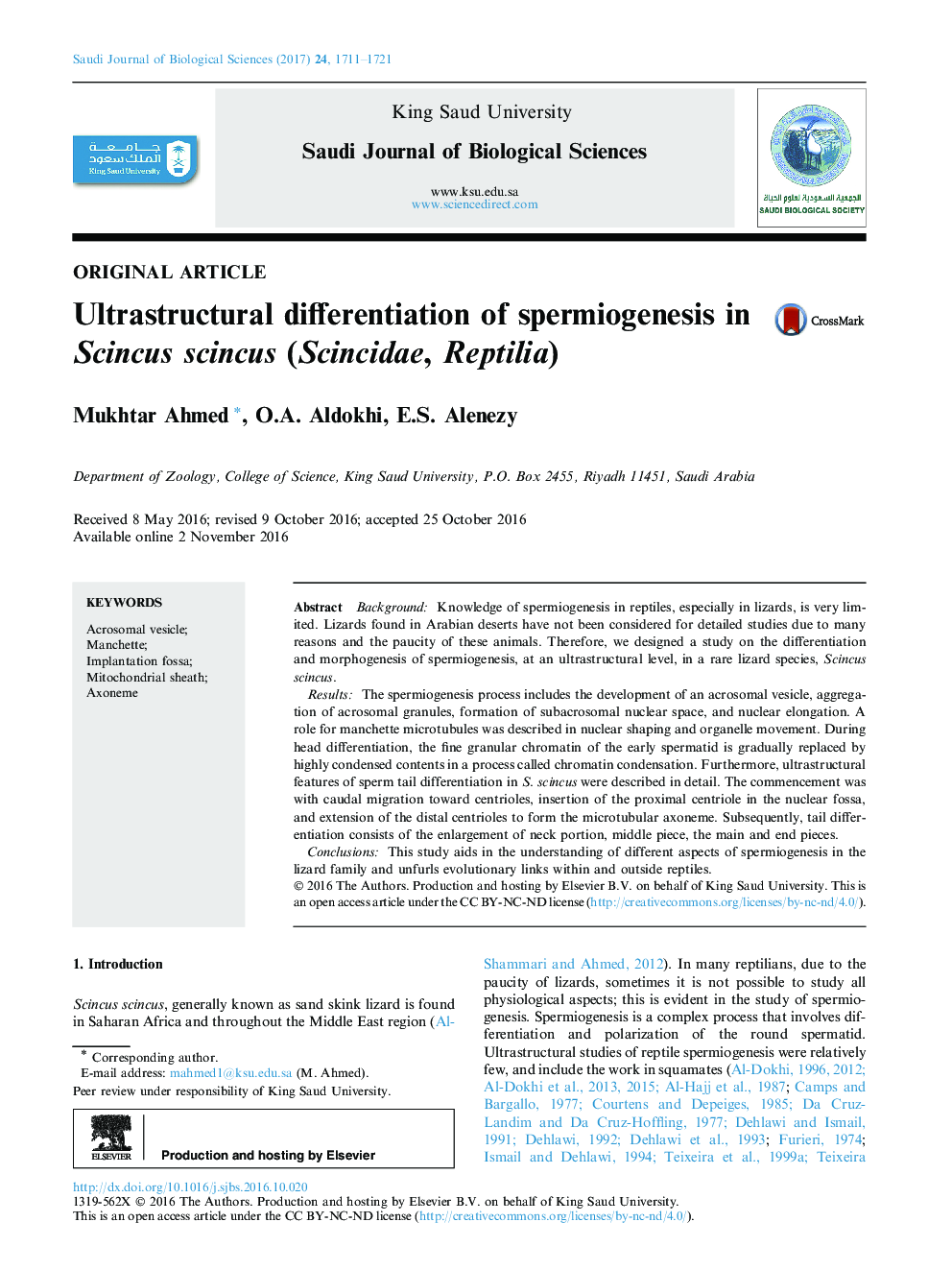 Original articleUltrastructural differentiation of spermiogenesis in Scincus scincus (Scincidae, Reptilia)