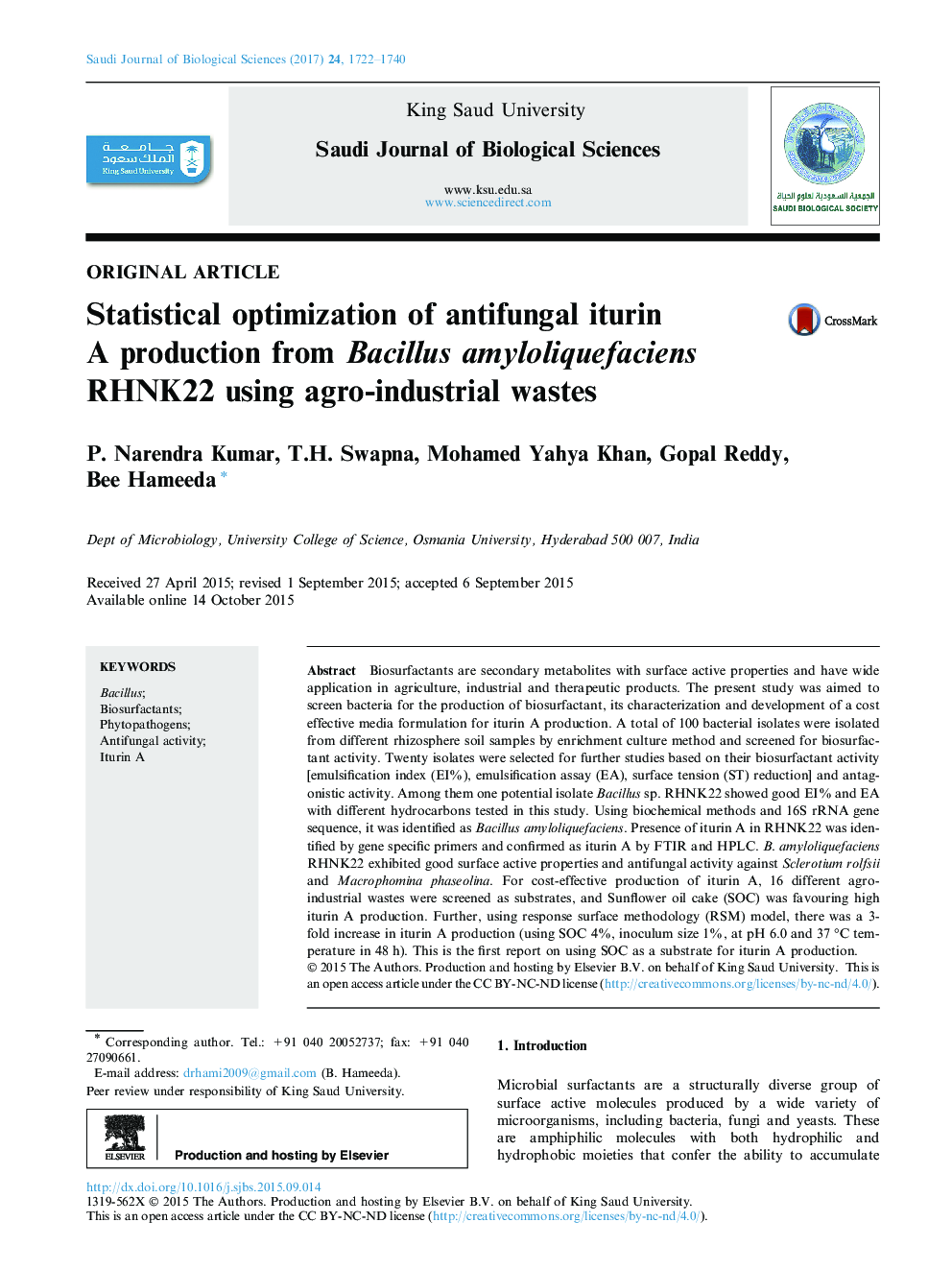 Original articleStatistical optimization of antifungal iturin A production from Bacillus amyloliquefaciens RHNK22 using agro-industrial wastes
