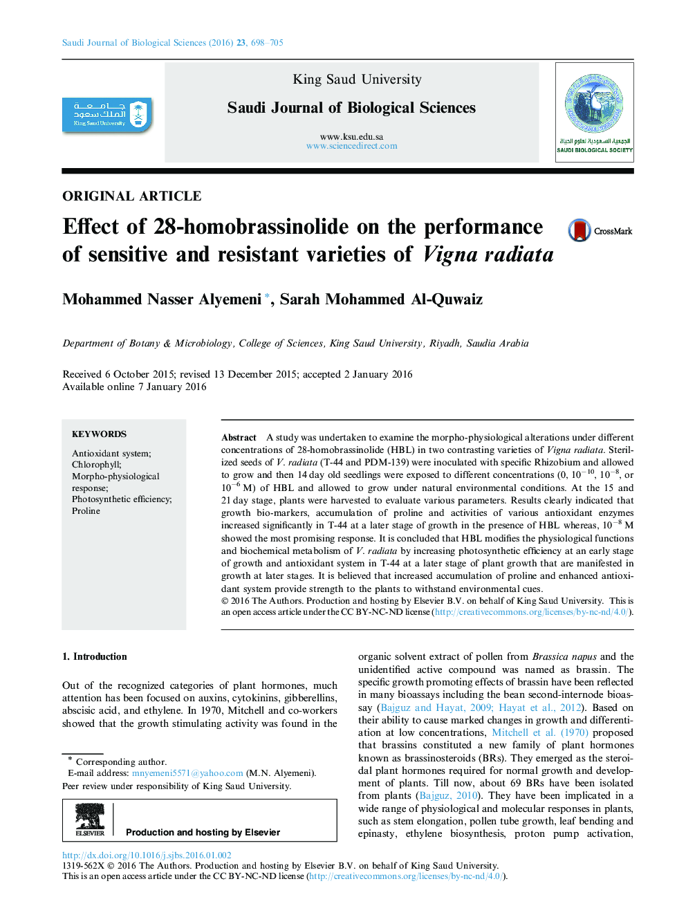 Original articleEffect of 28-homobrassinolide on the performance of sensitive and resistant varieties of Vigna radiata