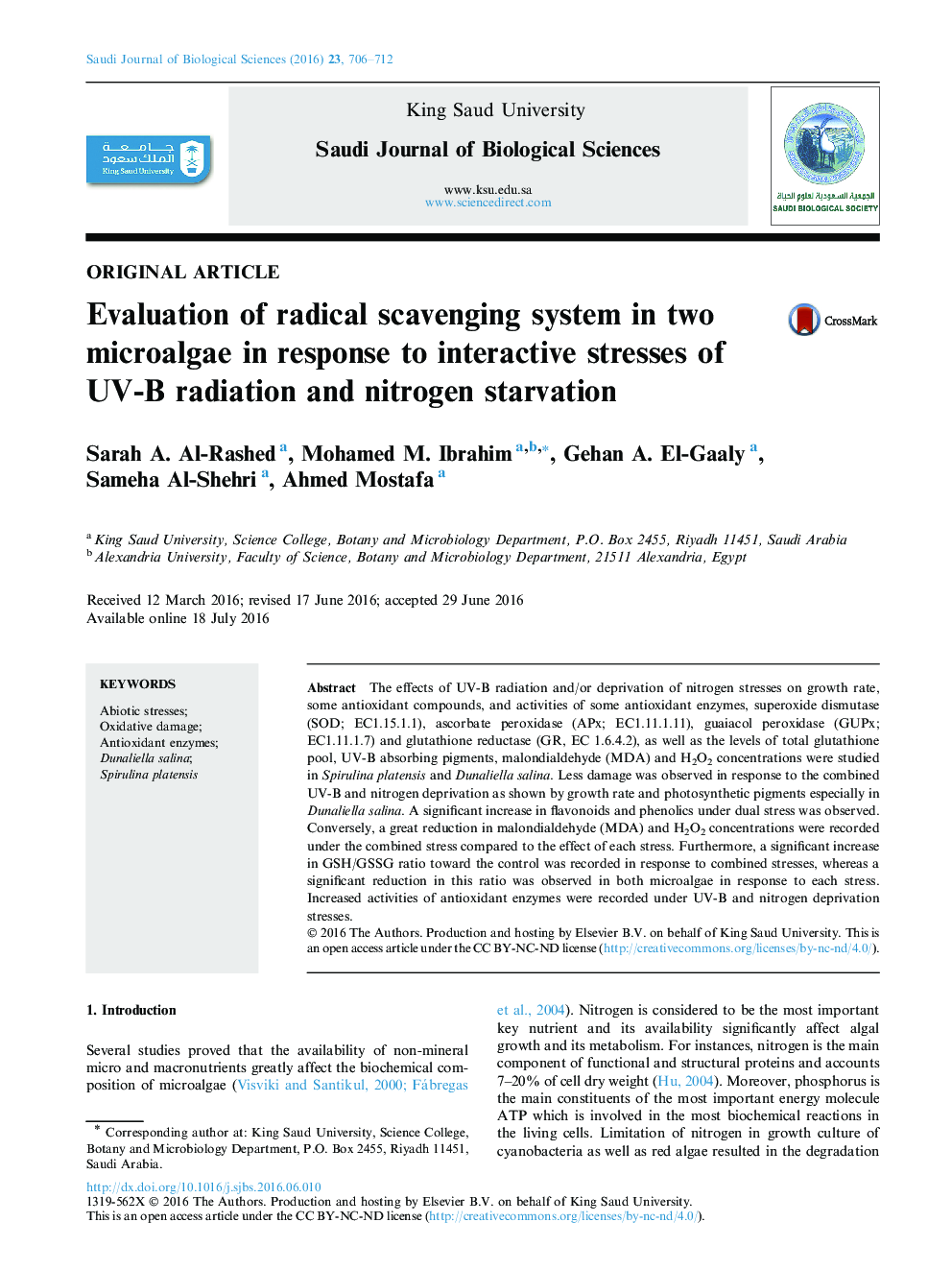 Original articleEvaluation of radical scavenging system in two microalgae in response to interactive stresses of UV-B radiation and nitrogen starvation
