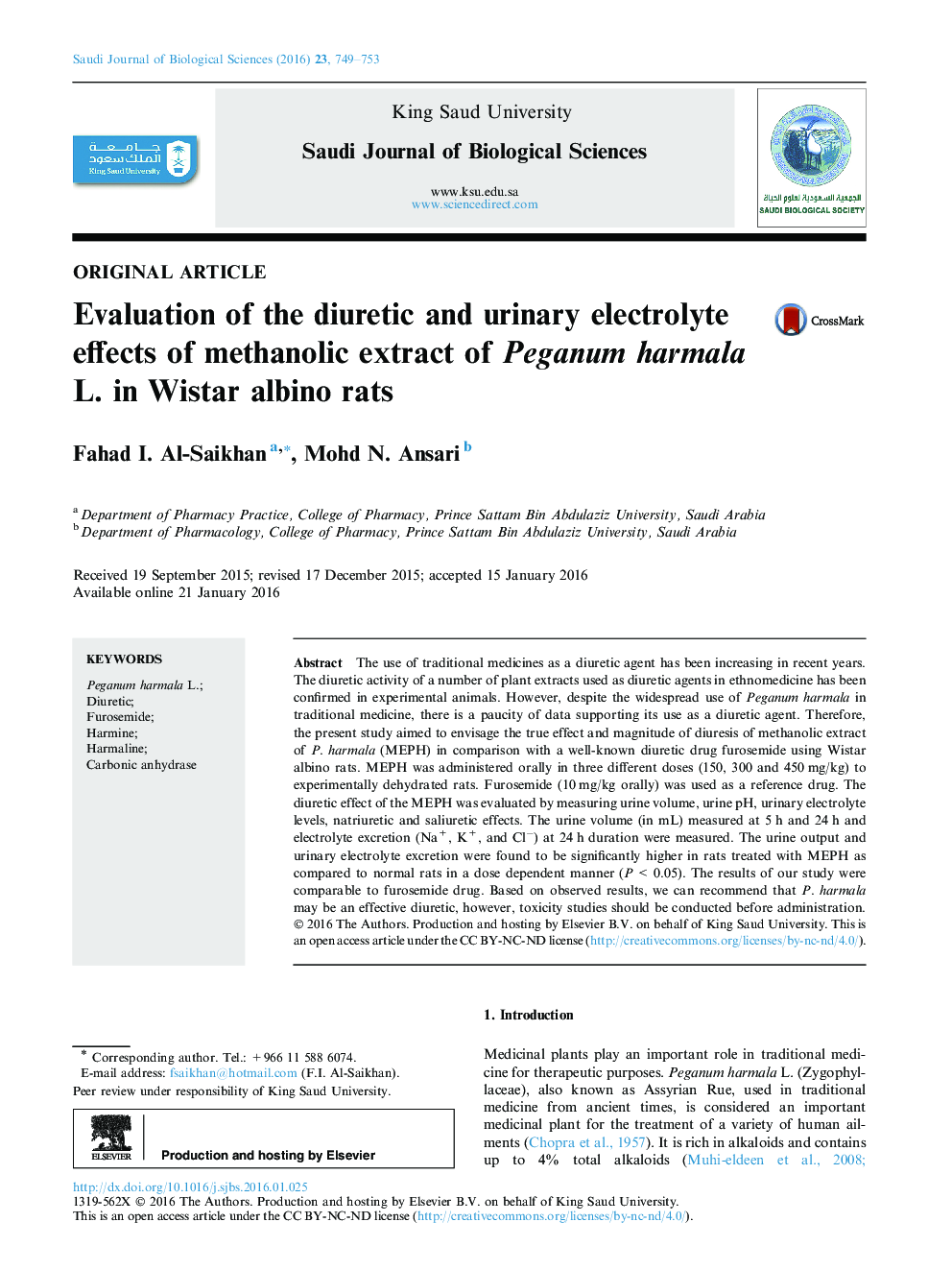 Original articleEvaluation of the diuretic and urinary electrolyte effects of methanolic extract of Peganum harmala L. in Wistar albino rats