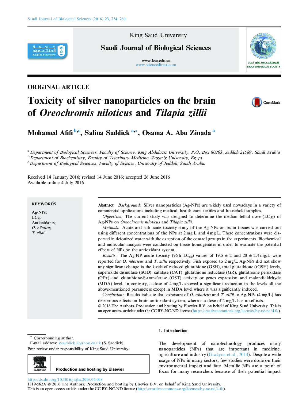 Original articleToxicity of silver nanoparticles on the brain of Oreochromis niloticus and Tilapia zillii