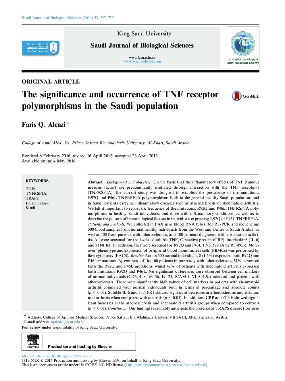 Original articleThe significance and occurrence of TNF receptor polymorphisms in the Saudi population