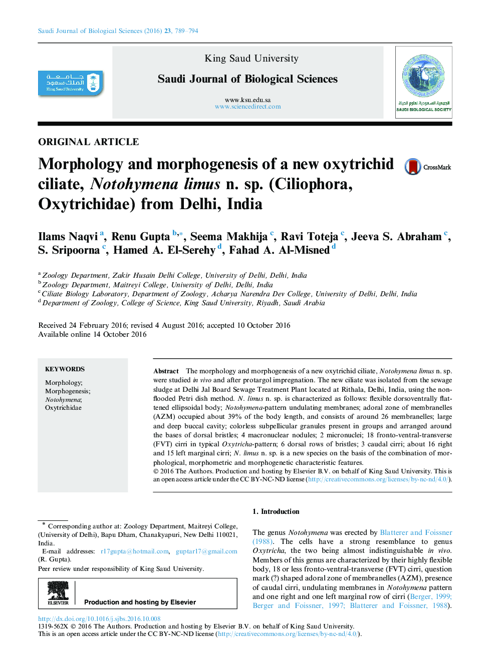 Original articleMorphology and morphogenesis of a new oxytrichid ciliate, Notohymena limus n. sp. (Ciliophora, Oxytrichidae) from Delhi, India