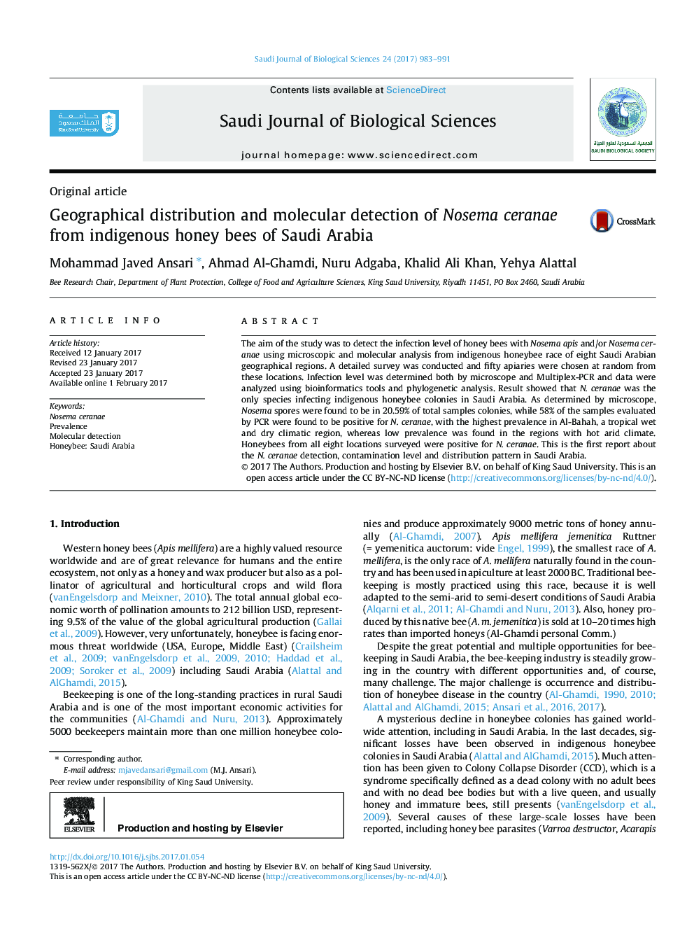 Original articleGeographical distribution and molecular detection of Nosema ceranae from indigenous honey bees of Saudi Arabia