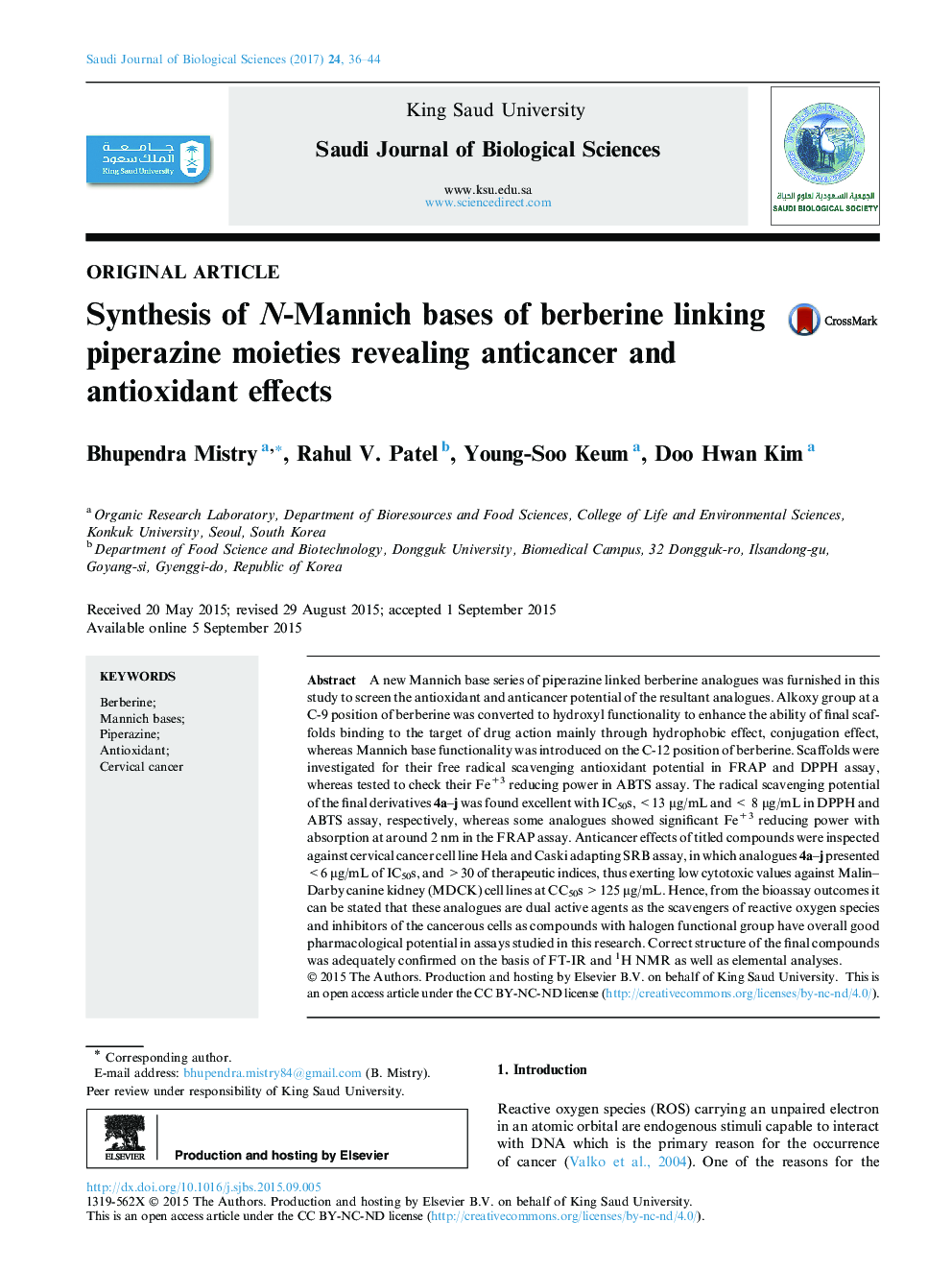 Original articleSynthesis of N-Mannich bases of berberine linking piperazine moieties revealing anticancer and antioxidant effects