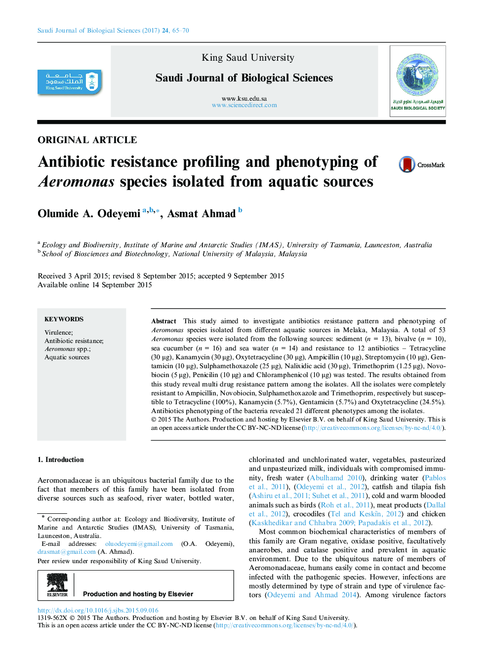 Original articleAntibiotic resistance profiling and phenotyping of Aeromonas species isolated from aquatic sources