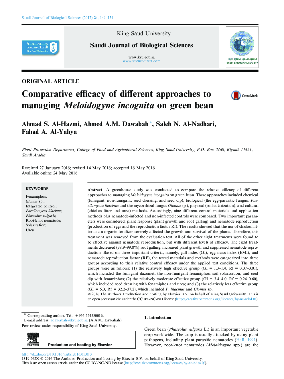 Original articleComparative efficacy of different approaches to managing Meloidogyne incognita on green bean