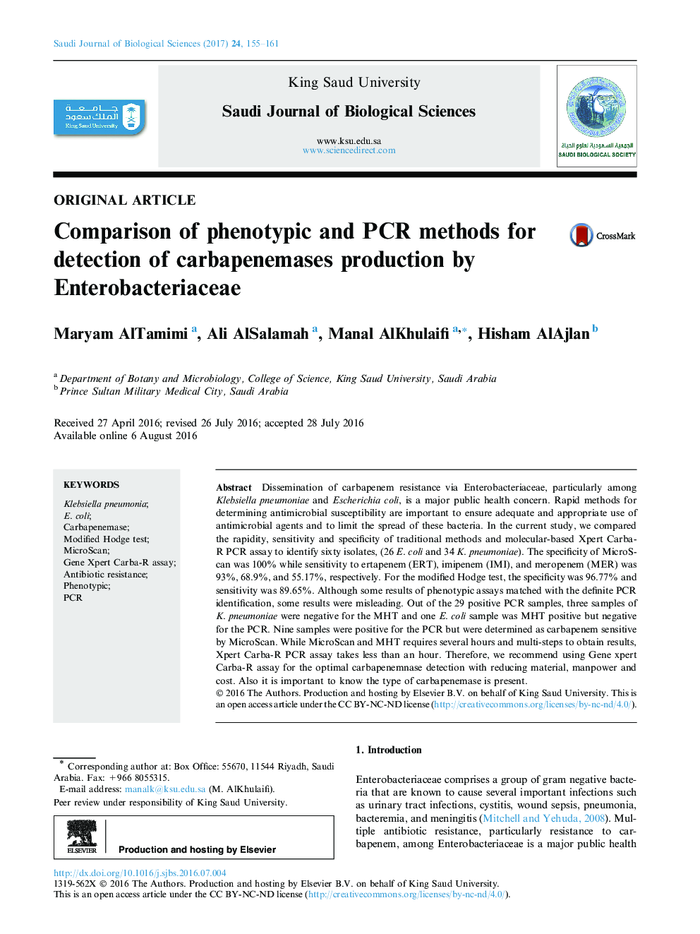 Original articleComparison of phenotypic and PCR methods for detection of carbapenemases production by Enterobacteriaceae