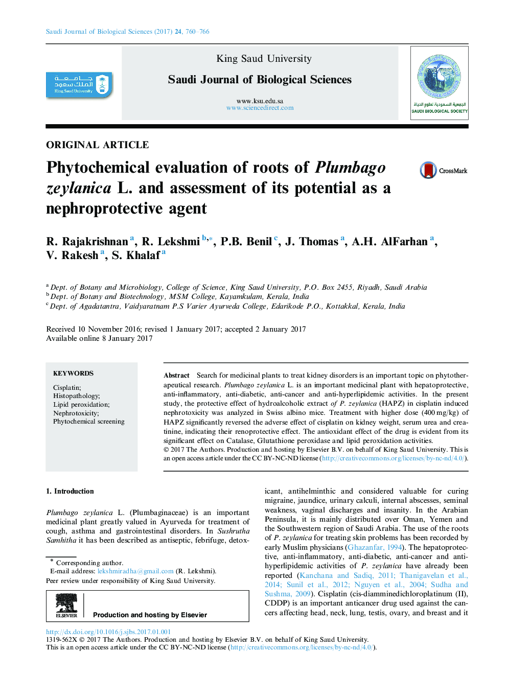 Original articlePhytochemical evaluation of roots of Plumbago zeylanica L. and assessment of its potential as a nephroprotective agent