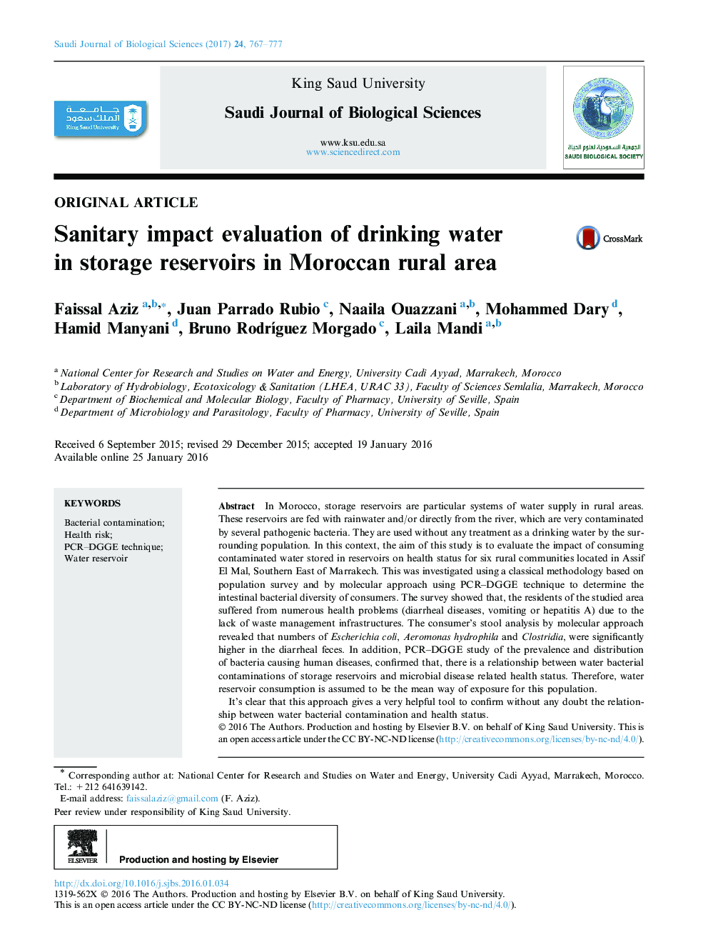 Original articleSanitary impact evaluation of drinking water in storage reservoirs in Moroccan rural area
