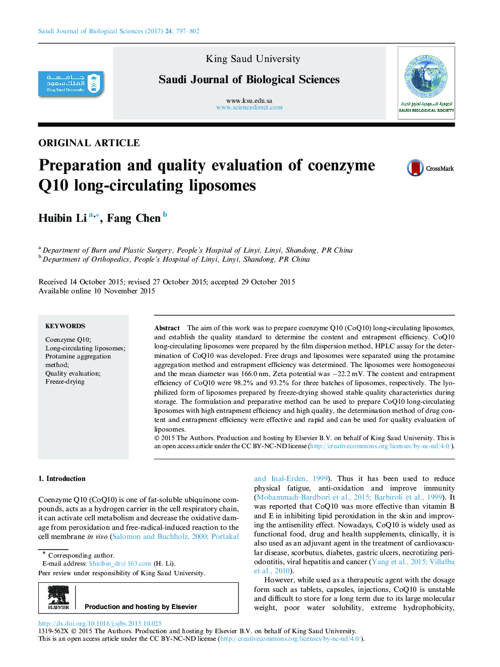 Original articlePreparation and quality evaluation of coenzyme Q10 long-circulating liposomes