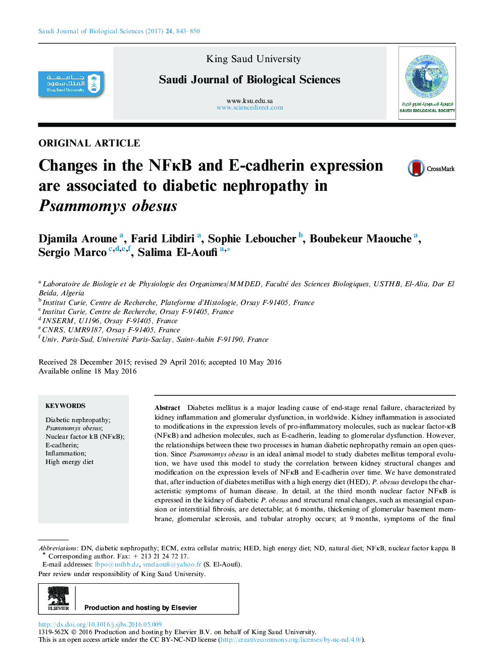 Original articleChanges in the NFÎºB and E-cadherin expression are associated to diabetic nephropathy in Psammomys obesus