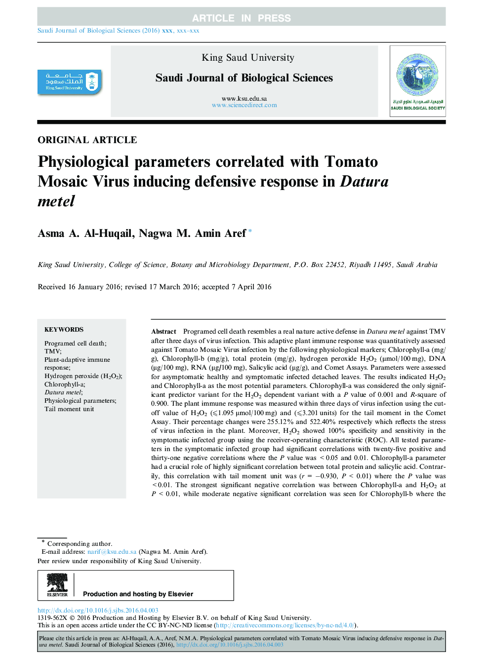 Physiological parameters correlated with Tomato Mosaic Virus inducing defensive response in Datura metel