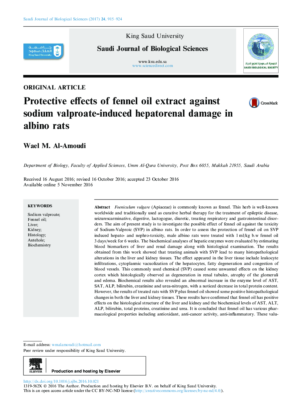 Original articleProtective effects of fennel oil extract against sodium valproate-induced hepatorenal damage in albino rats