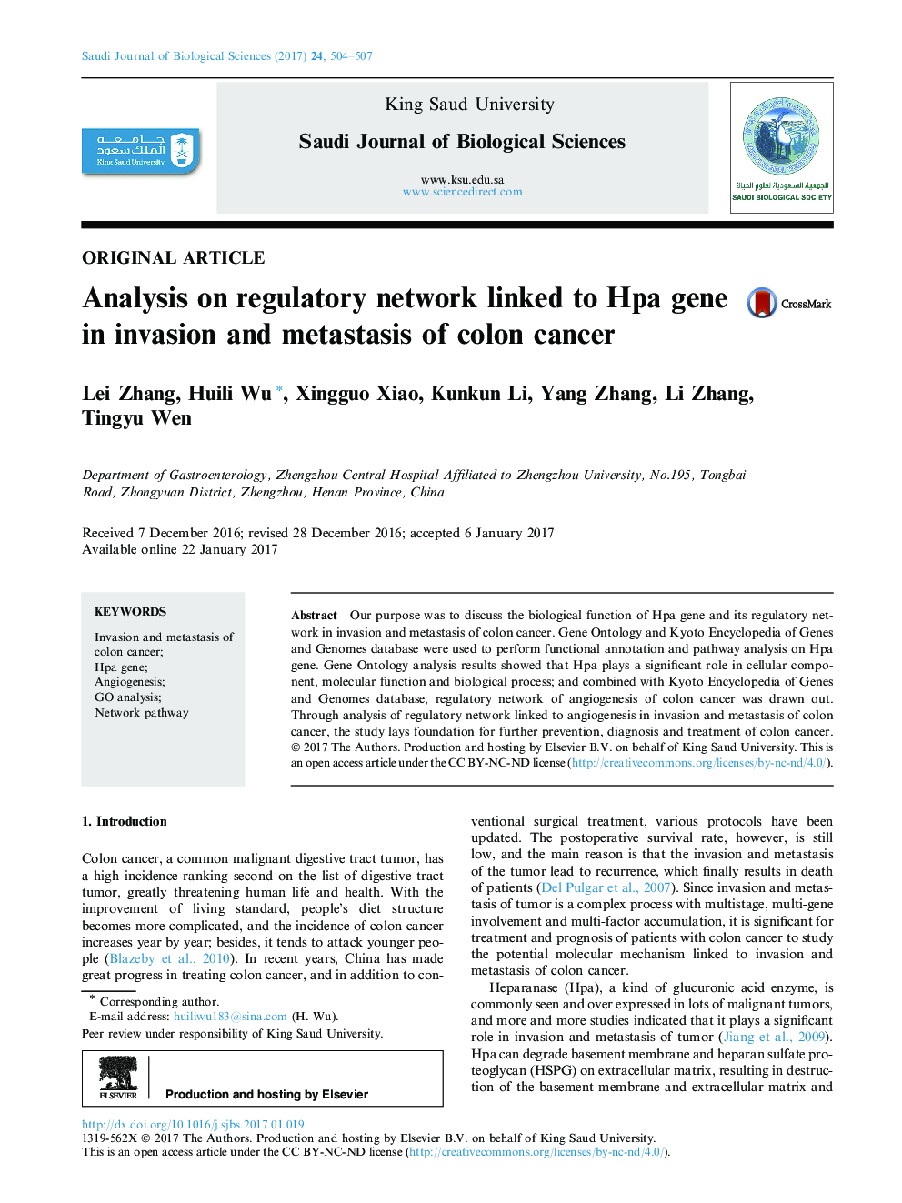 Original articleAnalysis on regulatory network linked to Hpa gene in invasion and metastasis of colon cancer