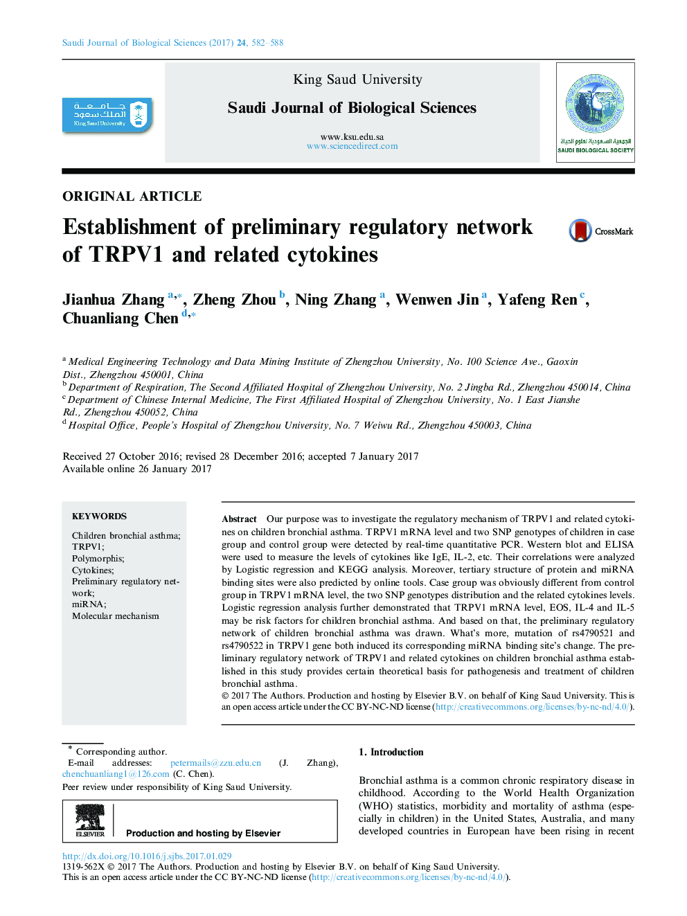 Original articleEstablishment of preliminary regulatory network of TRPV1 and related cytokines