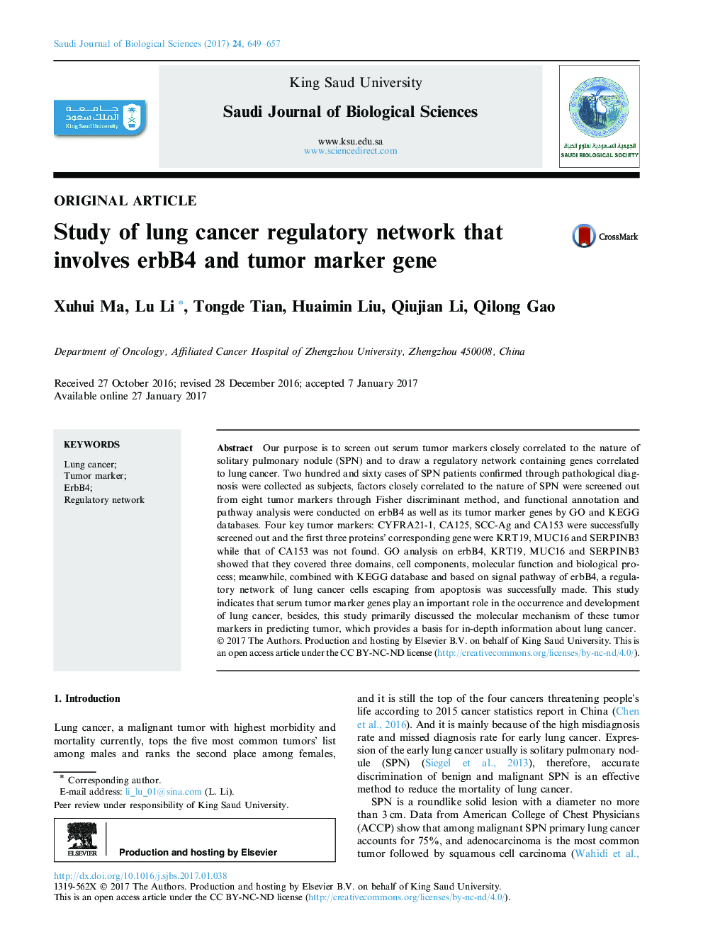 Original articleStudy of lung cancer regulatory network that involves erbB4 and tumor marker gene