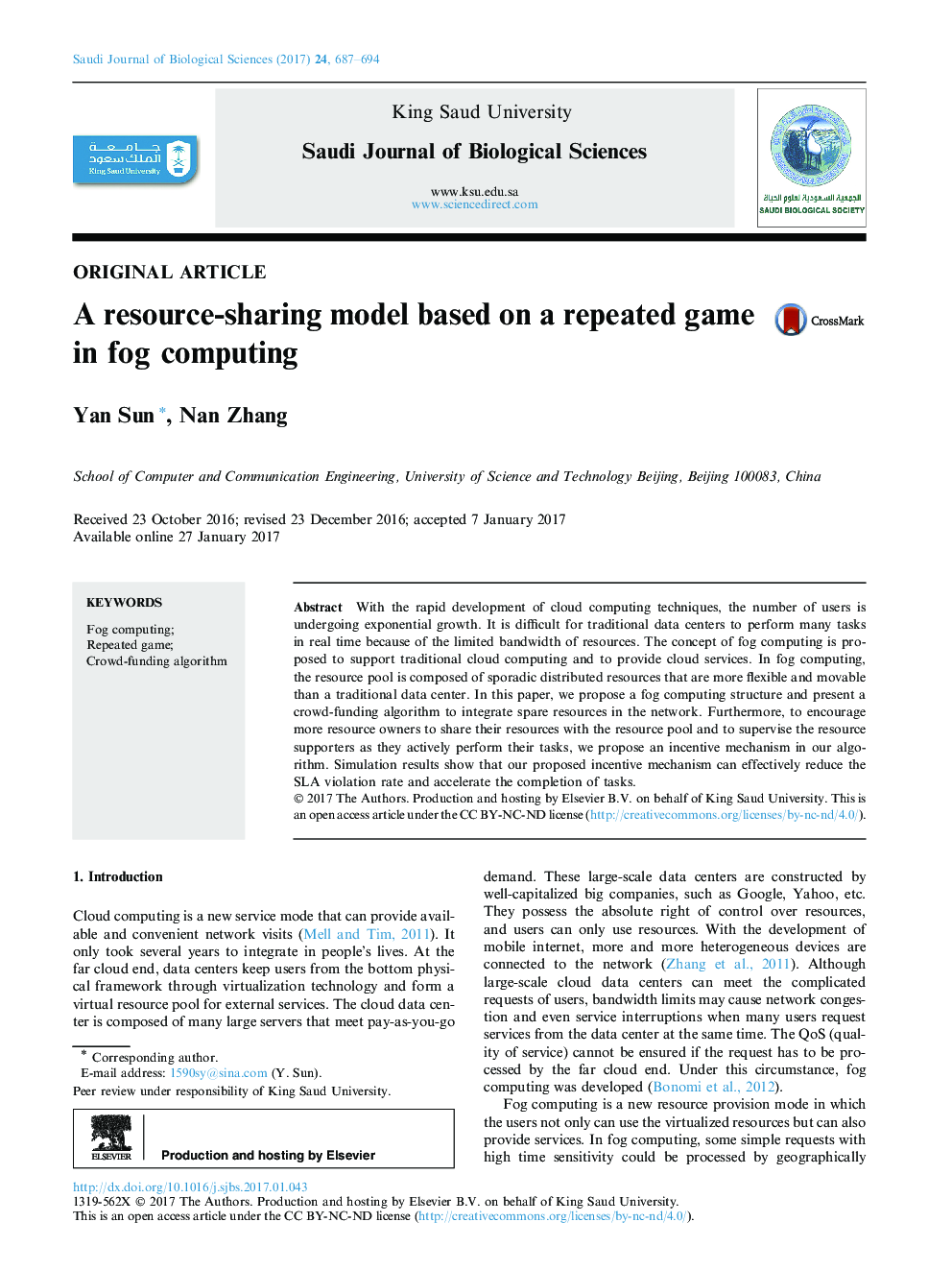 A resource-sharing model based on a repeated game in fog computing