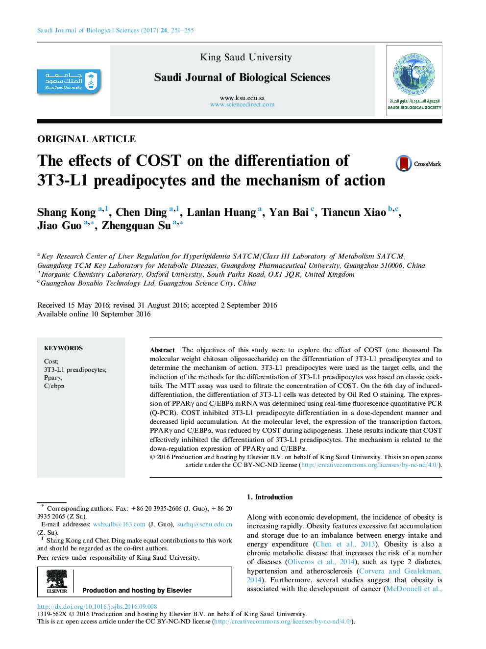 Original articleThe effects of COST on the differentiation of 3T3-L1 preadipocytes and the mechanism of action