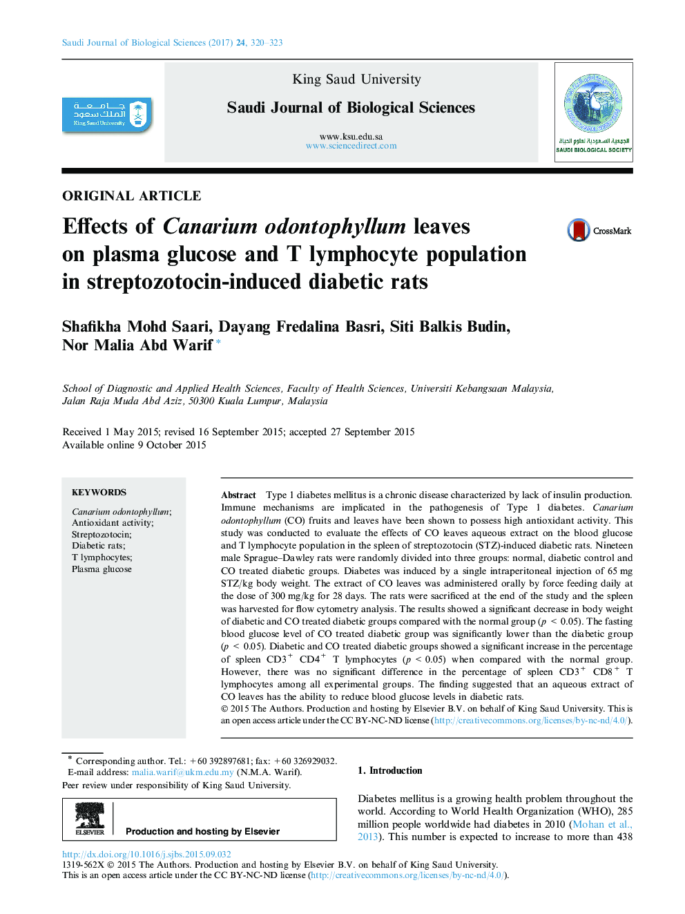 Original articleEffects of Canarium odontophyllum leaves on plasma glucose and T lymphocyte population in streptozotocin-induced diabetic rats