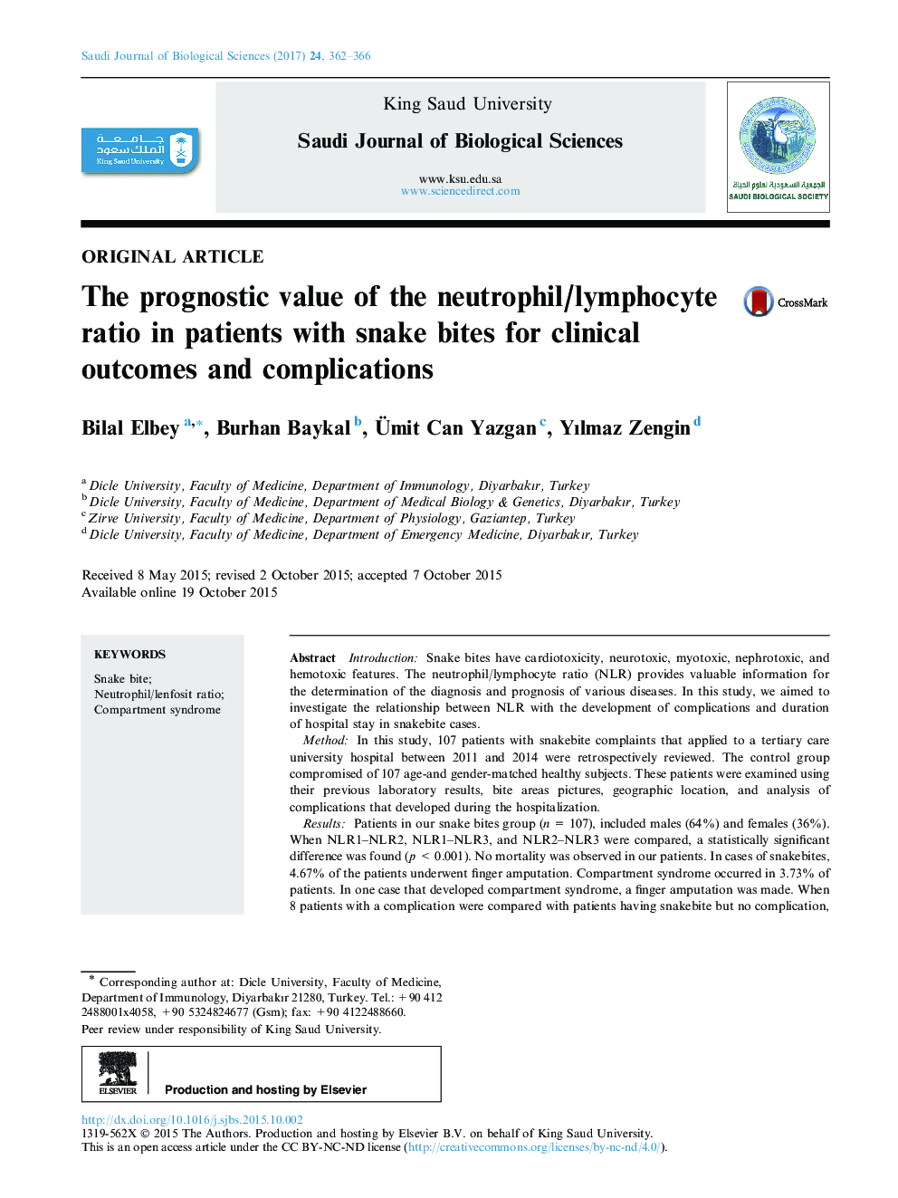 Original articleThe prognostic value of the neutrophil/lymphocyte ratio in patients with snake bites for clinical outcomes and complications