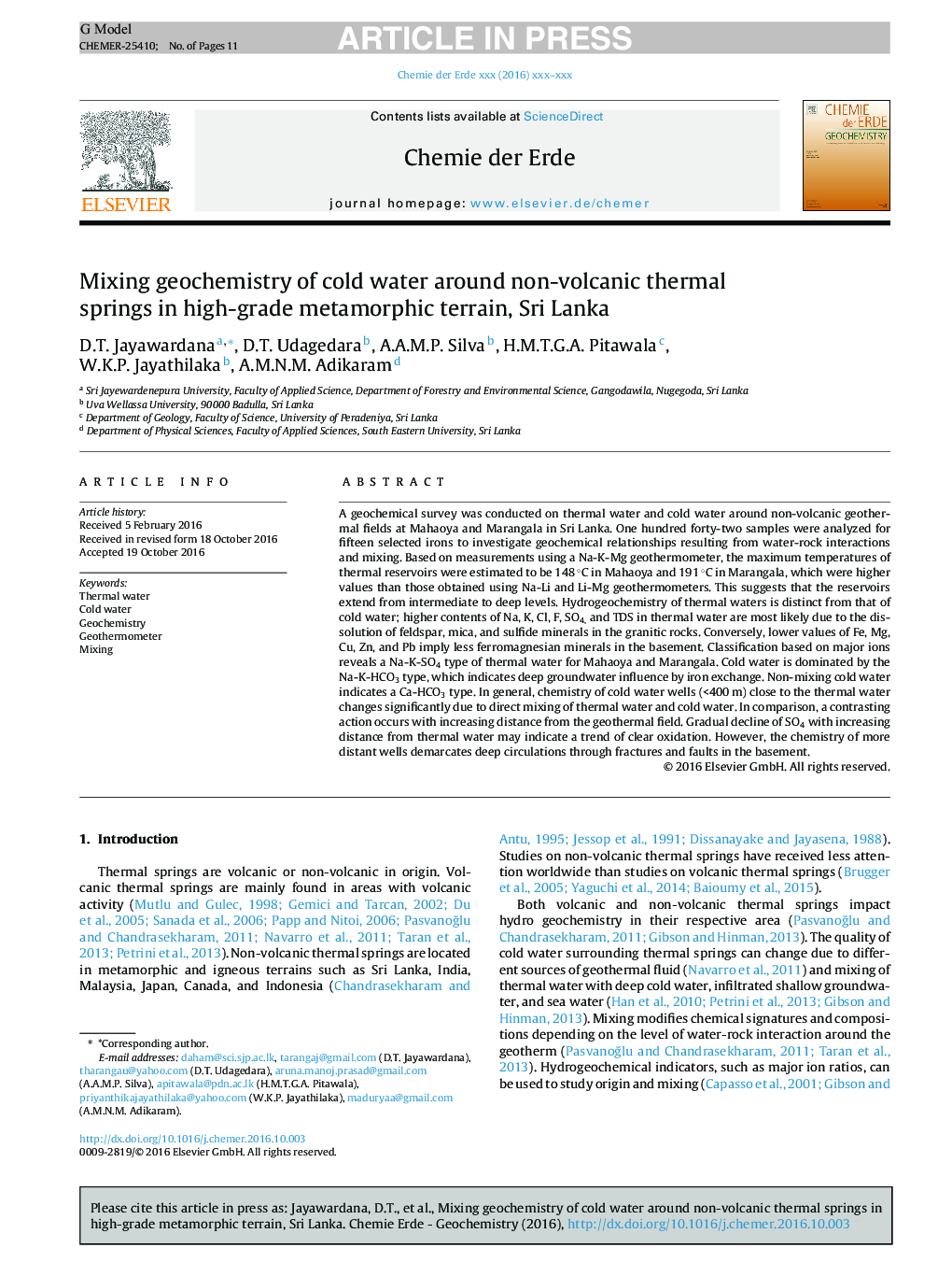 Mixing geochemistry of cold water around non-volcanic thermal springs in high-grade metamorphic terrain, Sri Lanka