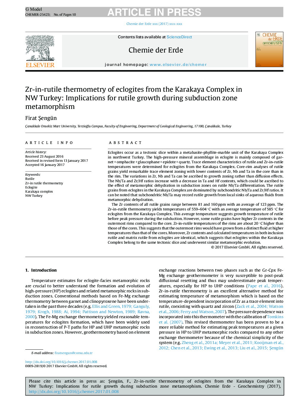 Zr-in-rutile thermometry of eclogites from the Karakaya Complex in NW Turkey: Implications for rutile growth during subduction zone metamorphism