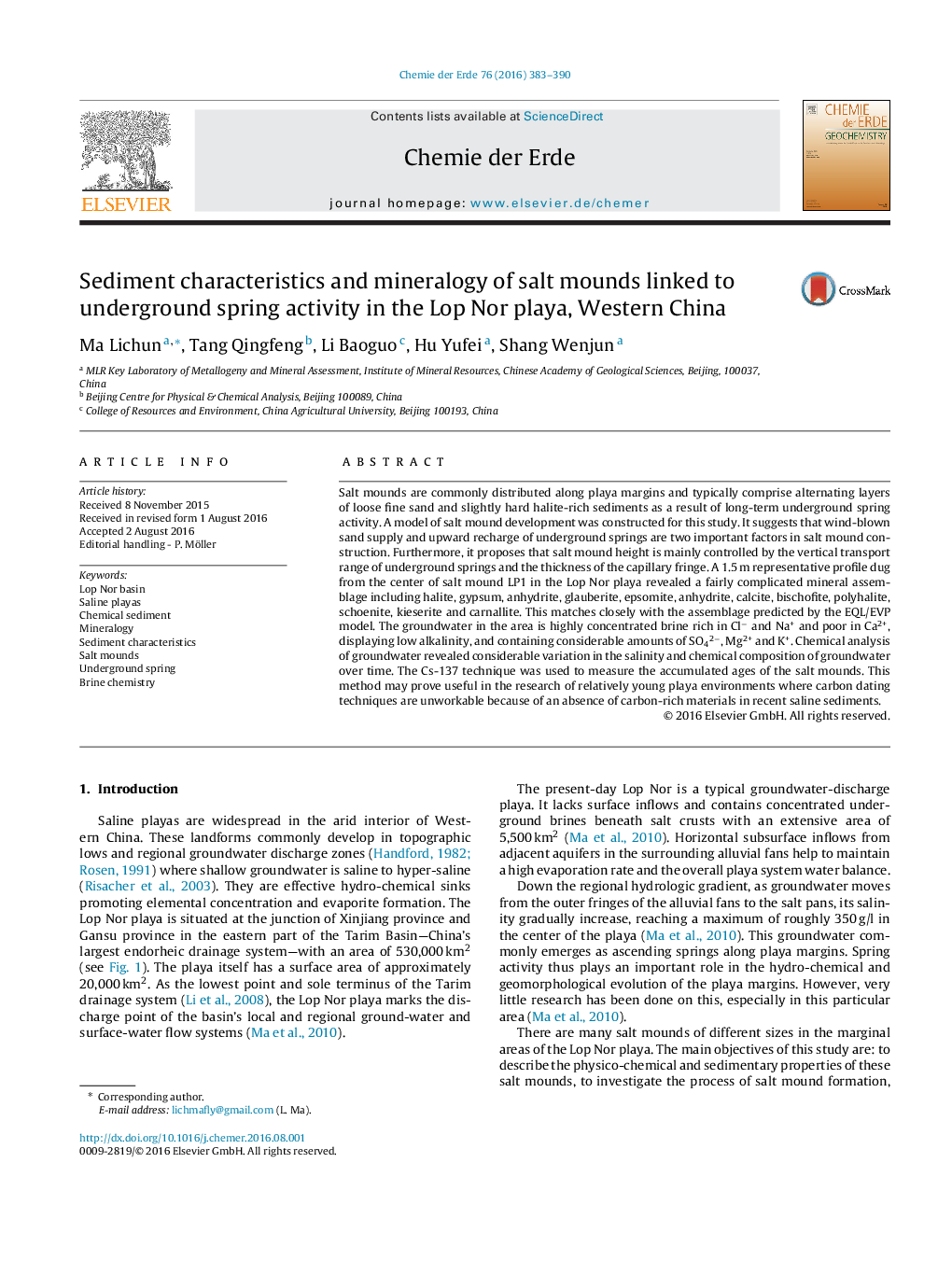 Sediment characteristics and mineralogy of salt mounds linked to underground spring activity in the Lop Nor playa, Western China